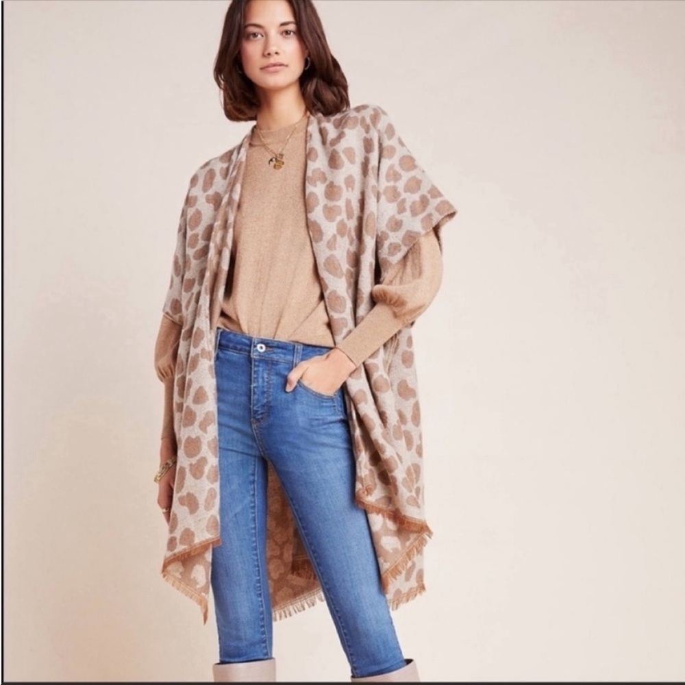 Anthropologie Zora Leopard Fringe Kimono Cardigan Wrap Beige OS NWT
